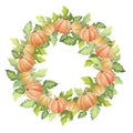 Frame wreath of pumpkin with green leaves. Watercolor vector