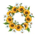 Frame wreath sunflowers daisies watercolor