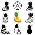 Pineapple fruit icon collection - vector outline and silhouette