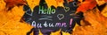 A frame of yellow and orange autumn maple leaves on gray dark concrete. Black plate with colored text. The inscription is hello au Royalty Free Stock Photo