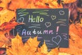 A frame of yellow and orange autumn maple leaves on gray dark concrete. Black plate with colored text. The inscription is hello au Royalty Free Stock Photo