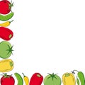 Frame with yellow, red and green vegetables. Tomatoes, cucumbers and peppers with space for text and season design Royalty Free Stock Photo