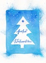 Framed abstract Christmas tree watercolor painting with German text: Frohe Weihnachten