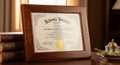 A framed academic diploma sits on a wooden desk, featuring elaborate script and decorative borders. Royalty Free Stock Photo