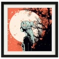 a framed art print of a girl looking at the moon with butterflies flying around her Royalty Free Stock Photo