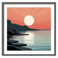 a framed art print of the sun setting over a body of water Royalty Free Stock Photo