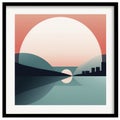 a framed art print of the sun setting over a city Royalty Free Stock Photo