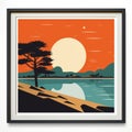 a framed art print of the sun setting over a lake Royalty Free Stock Photo
