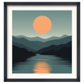 a framed art print of the sun setting over mountains and water Royalty Free Stock Photo