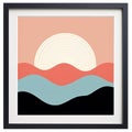a framed art print with the sun setting over waves Royalty Free Stock Photo