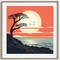 a framed art print of a tree in front of the ocean at sunset Royalty Free Stock Photo