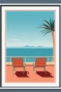 a framed art print of two chairs and a palm tree on the beach Royalty Free Stock Photo