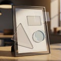 Framed artwork displayed on a table, featuring semi-transparent geometric shapes Royalty Free Stock Photo