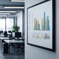 A framed bar graph on an office wall illustrates data trends surrounded by a modern workspace featuring desks and computers