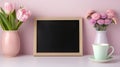 Framed blackboard mockup with flowers bouquets and coffee, ai generated Royalty Free Stock Photo