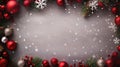 Framed christmas background with snowflakes, red and silver baubles and fir branches created with Generative AI Royalty Free Stock Photo