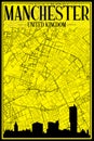 Framed downtown streets network printout map of MANCHESTER, UNITED KINGDOM