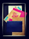 Framed mail envelopes and postcards. Royalty Free Stock Photo