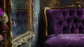 Framed by ornate golden frames a deep purple velvet podium commands attention in a room filled with vintage delights