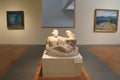 Framed paintings and intricate detail of sculpture, Portland Art Museum,Maine,2016