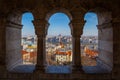 Framed panorama of the city, shot taken from window at Fishermans Bastion during winter sunny day Royalty Free Stock Photo