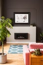 Framed photo above a minimalist, modern fireplace in a stylish living room interior with vibrant