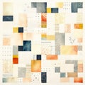 Abstract Ink Wash Drawing With Yellow, Orange, And Blue Squares