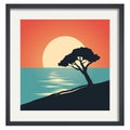 a framed poster of a tree in front of the ocean at sunset Royalty Free Stock Photo