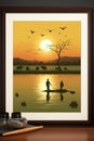 a framed print of two people on a canoe at sunset