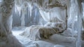 Framed by a stunning ice canopy the bed is lavishly adorned with delicate lace accents and luxurious linens creating a Royalty Free Stock Photo