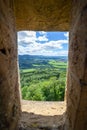 framed view through old stone castle window onto german countryside Royalty Free Stock Photo