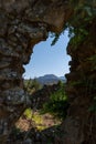 Framed view of Paricutin volcano under clear blue sky, Michoacan, Mexico