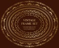 Set Of Seven Gold Oval Vintage Frames Isolated On A Dark Background.