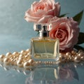 Perfume bottle mockup with pink flowers and pearls for branding Royalty Free Stock Photo