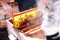 Frames of a bee hive. Beekeeper harvesting honey. The bee smoker