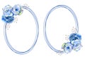 2 frames with blue rose flowers on oval frame on white isolated background. Bouquet on top and bottom. Vector illustration Royalty Free Stock Photo