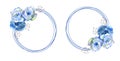 2 frames with blue rose flowers on round frame on white isolated background. Bouquet on top and bottom. Vector illustration Royalty Free Stock Photo