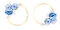 2 frames with blue rose flowers on round gold frame on white isolated background. Bouquet on top and bottom. Vector Royalty Free Stock Photo