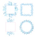 Frames, borders set with leaves and blue branches. Circle and square herbs composition, forest plants.