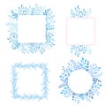 Frames, borders set with leaves and blue branches. Circle and square herbs composition, forest plants.