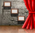 Frames on brick wall and curtain collage Royalty Free Stock Photo