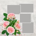 Frames for family photos on a beautiful lace background and a bouquet of pink roses Royalty Free Stock Photo