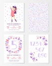 Frames with flowers, numbers and happy girl for greeting cards. To birthday celebrate, . Vector background on white