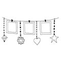 Frames, heart, star, snowflake hang on clothespins on a thread sketch hand drawn doodle. template poster, card, decor, vector,