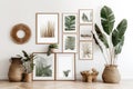 Frames in home interior. Room in boho style with natural wooden furniture and plants. Generative AI