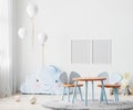 Frames mock up in children room interior in light blue tones with kids table and chairs, soft toys and balloons, 3d rendering Royalty Free Stock Photo