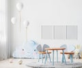 Frames mock up in children room interior in light blue tones with kids table and chairs, soft toys and balloons, 3d rendering Royalty Free Stock Photo