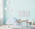 Frames mock up in children room interior in light blue tones with kids table and chairs, soft toys and balloons, 3d rendering Royalty Free Stock Photo