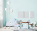 Frames mock up in children room interior in light blue tones with kids table and chairs, soft toys and balloons, 3d rendering Royalty Free Stock Photo