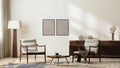 Frames mockup in bright modern living room interior in neutral colors with armchairs, floor lamp, rug and coffee table, chest of Royalty Free Stock Photo